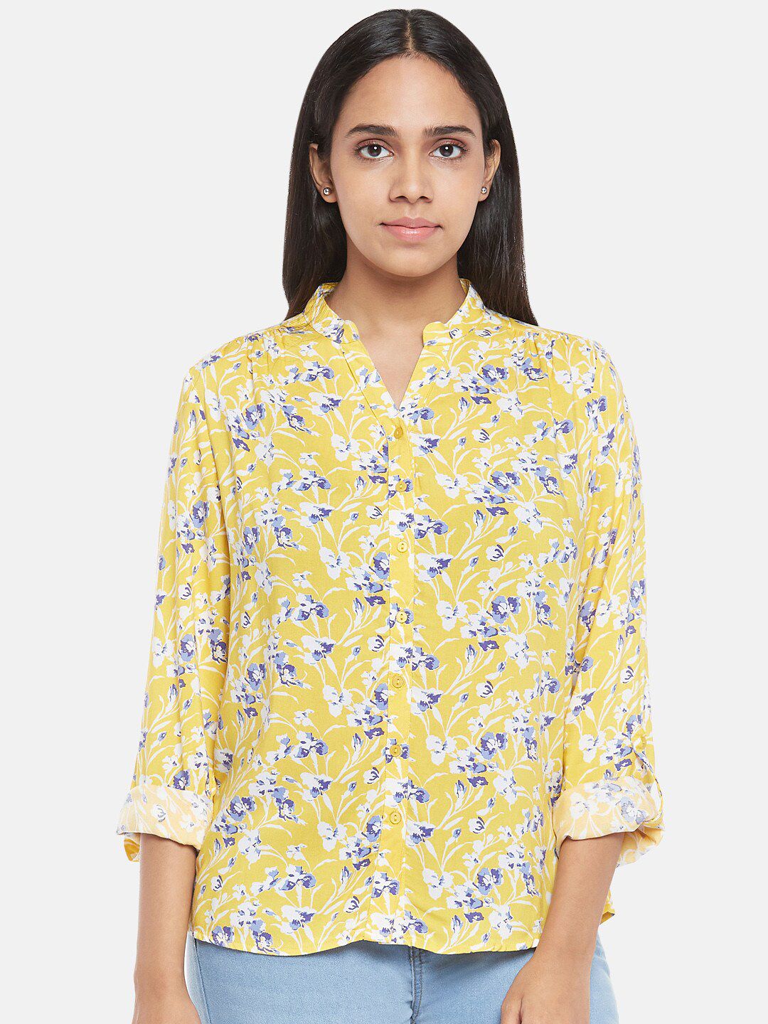 Honey by Pantaloons Yellow & Blue Floral Printed Mandarin Collar Roll-Up Sleeves Top Price in India