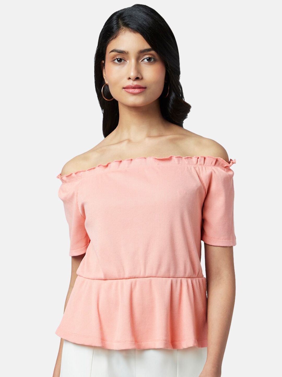 Honey by Pantaloons Women Peach-Coloured Off-Shoulder Bardot Top Price in India