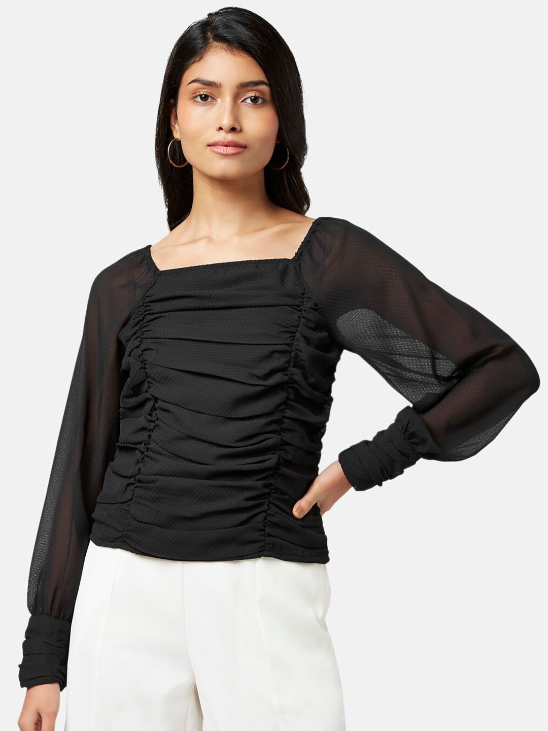 Honey by Pantaloons Black Self-Design Ruched Top Price in India