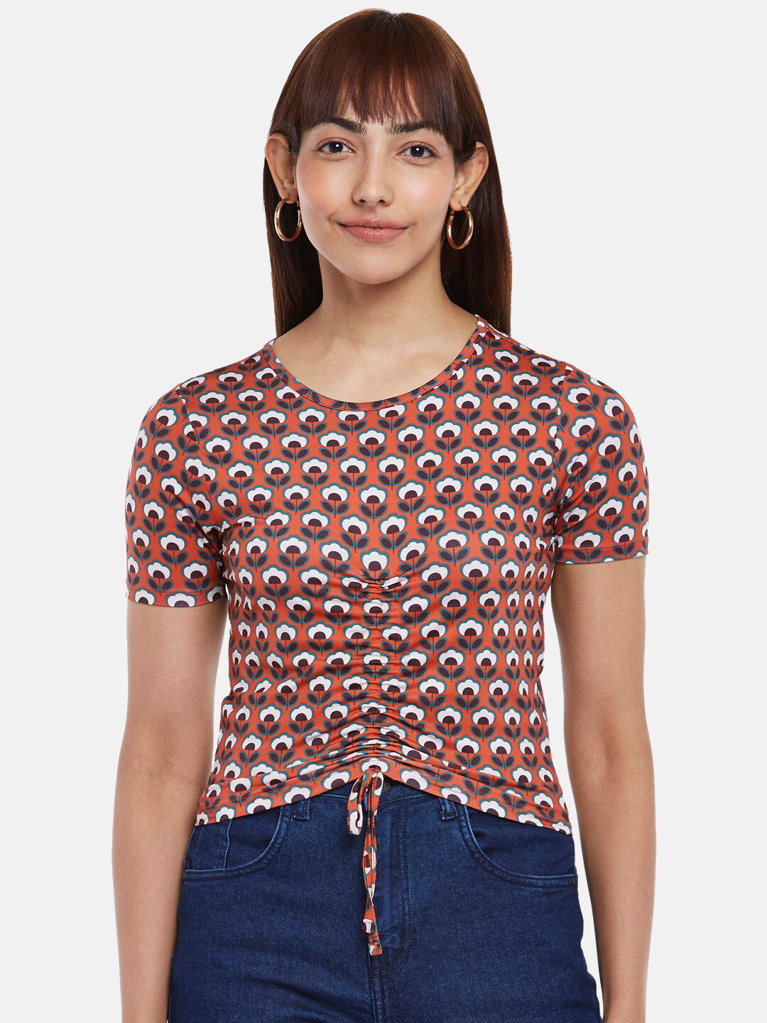 People Rust & White Floral Print Crop Top Price in India