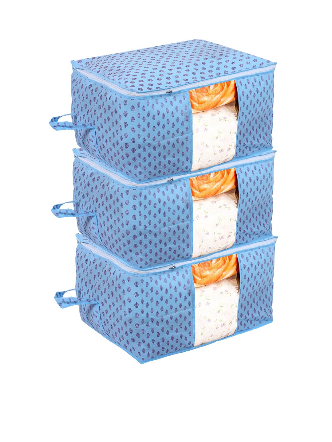 Kuber Industries Set Of 3 Blue Non-Woven Lining Print Blanket Cover Price in India
