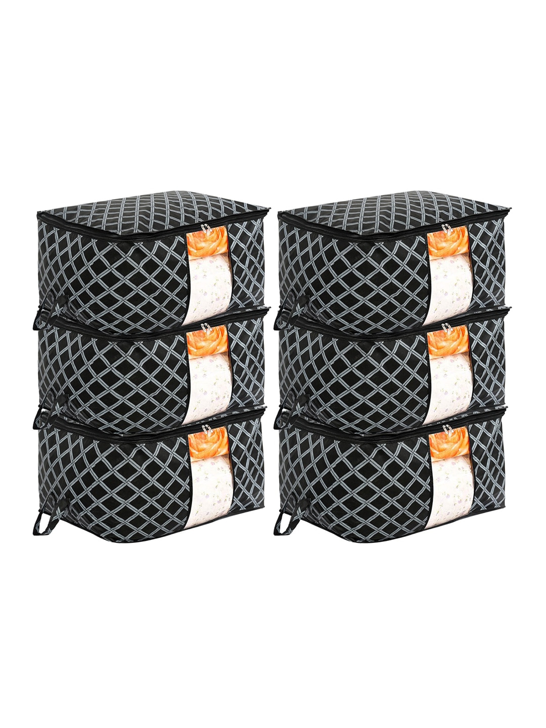 Kuber Industries Set Of 6 Black Checked Saree Organisers With Transparent Window Price in India