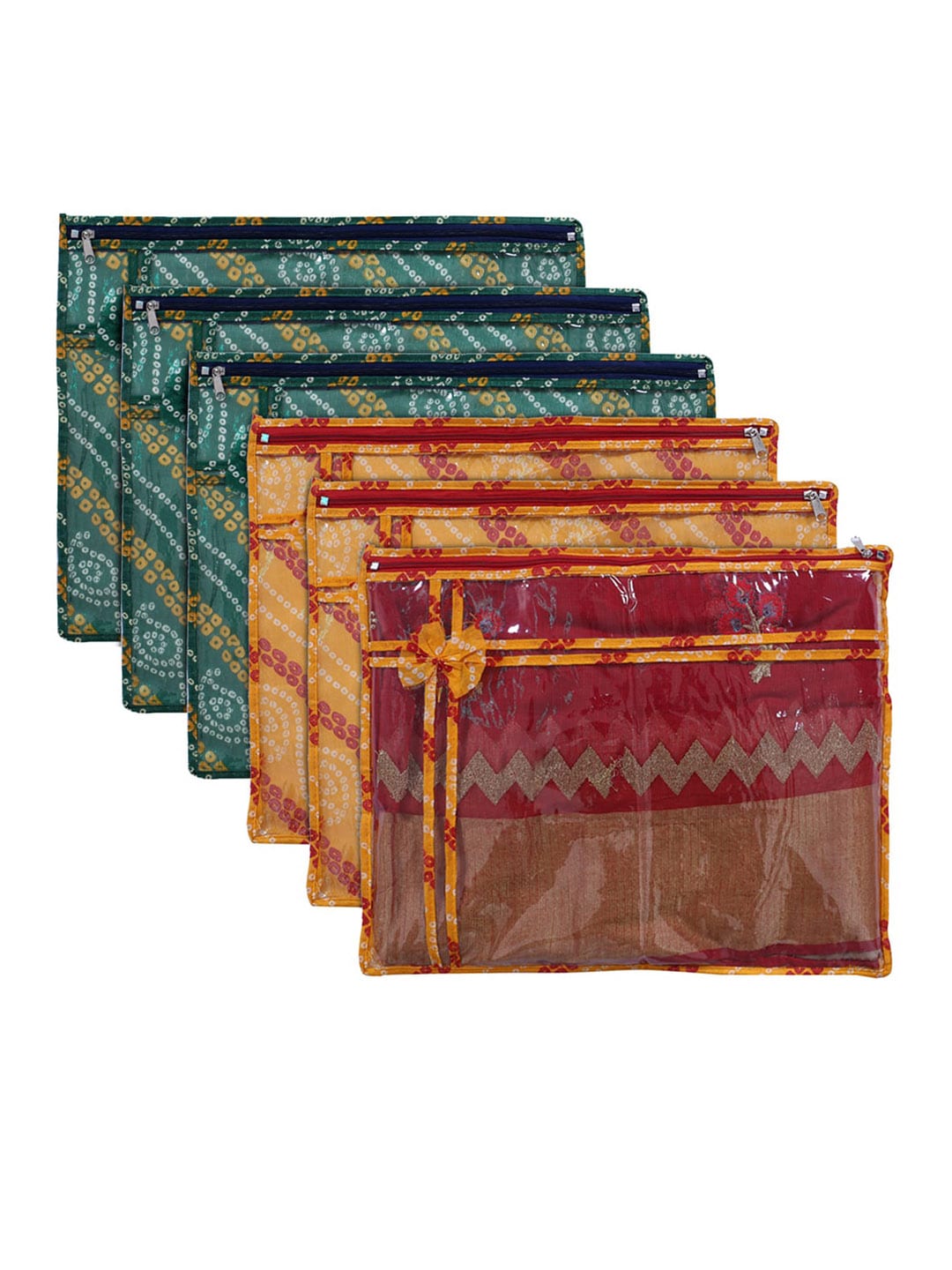 Kuber Industries Set of 6 Yellow & Green Bandhani Print Foldable Saree Organisers Price in India