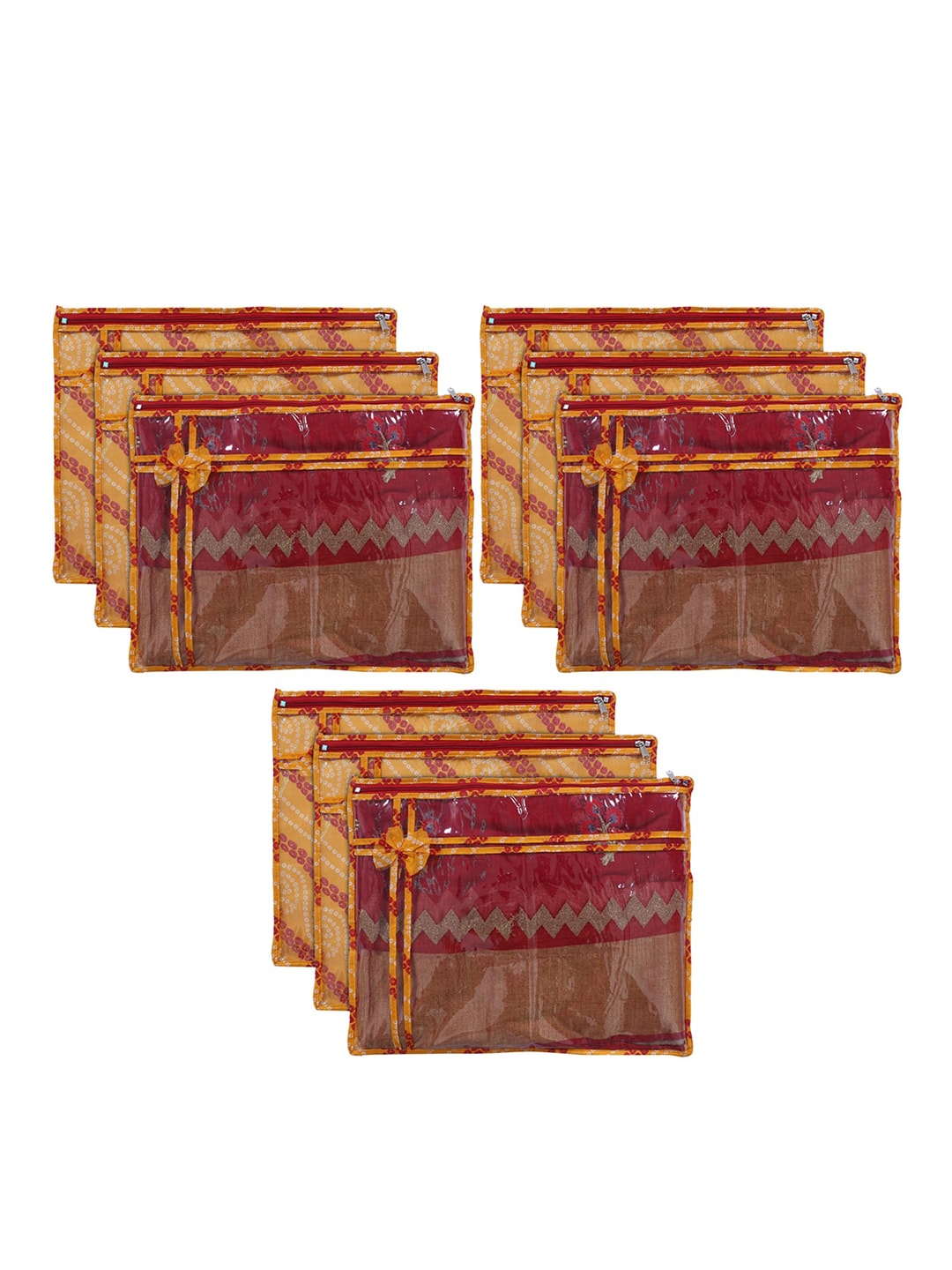 Kuber Industries Set Of 9 Yellow & Red Bandhani Print PVC Foldable Single Saree Cover Price in India