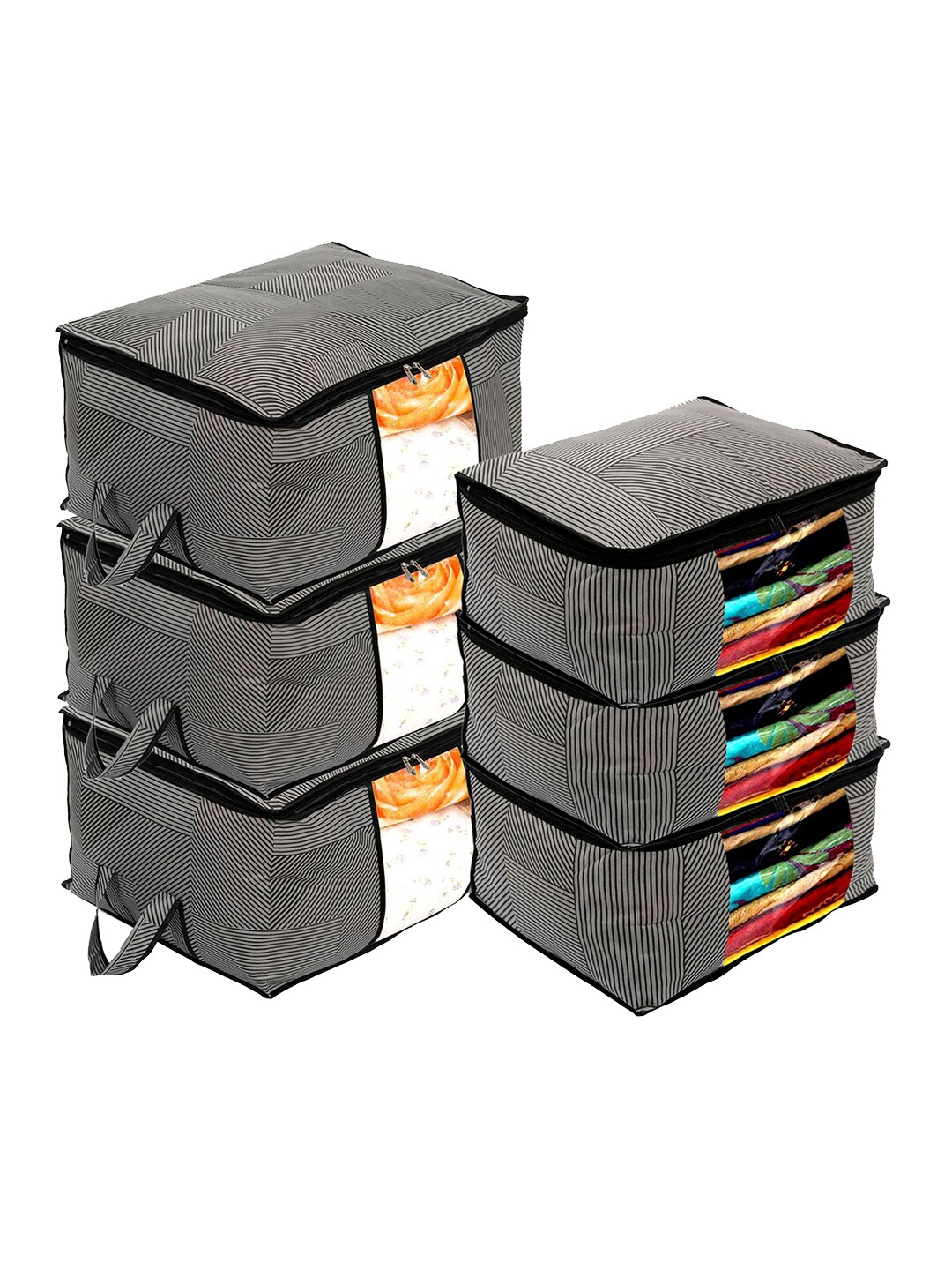 Kuber Industries Set Of 6 Grey & Black Non-Woven Striped Saree Organisers Price in India