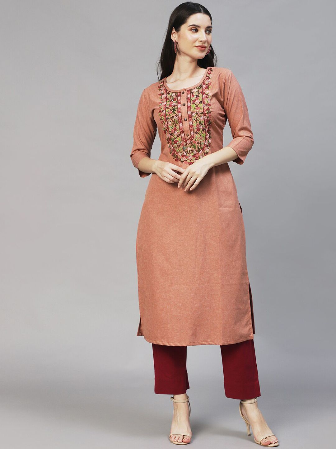 FASHOR Women Peach Embroidered Cotton Straight Kurta Price in India