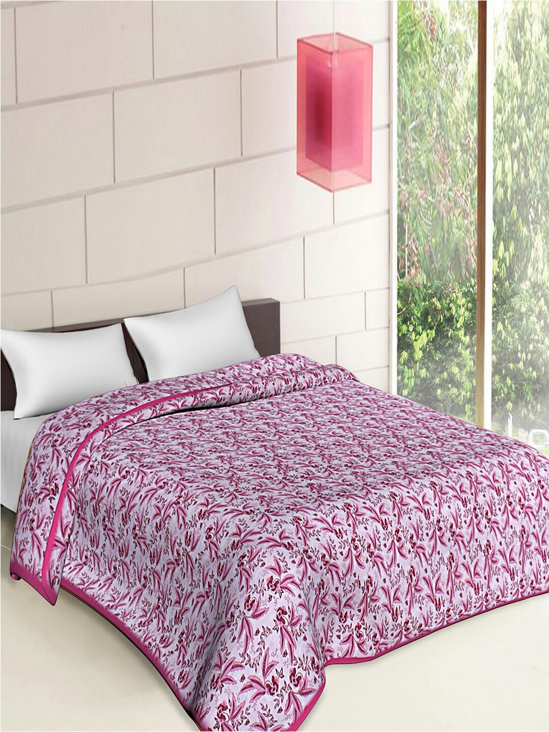 Kuber Industries Pink & Grey Floral AC Room 300 GSM Double Bed Blanket Price in India