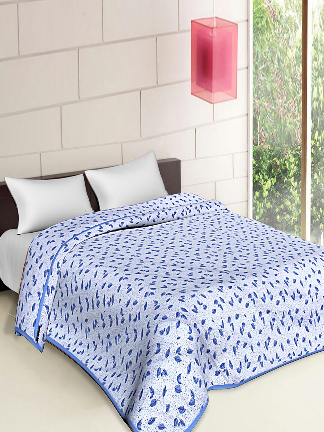 Kuber Industries White & Blue Floral AC Room 300 GSM Reversible Cotton Double Bed Dohar Price in India