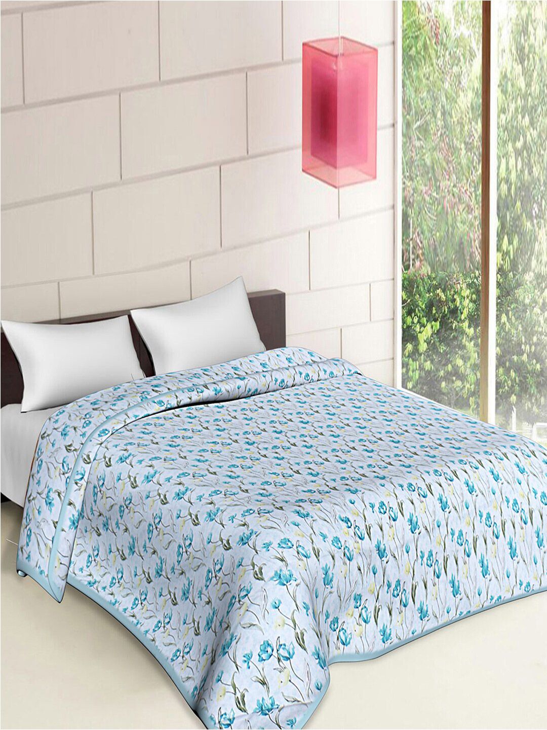 Kuber Industries Blue & White Floral AC Room 300 GSM Cotton Reversible Double Bed Dohar Price in India