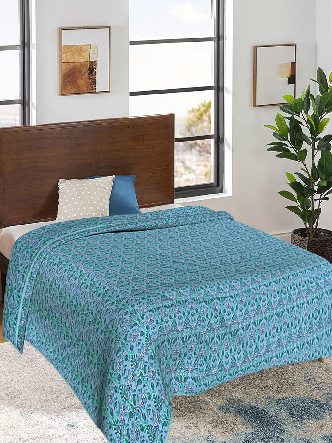 Kuber Industries Green & Blue Floral AC Room 300 GSM Double Bed Blanket Price in India