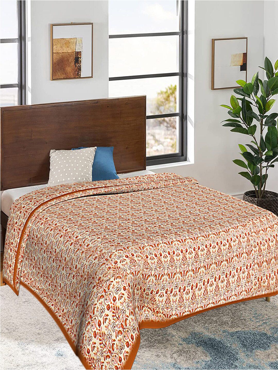 Kuber Industries Beige & Orange Ethnic Motifs Printed AC Room 300 GSM Double Bed Blanket Price in India