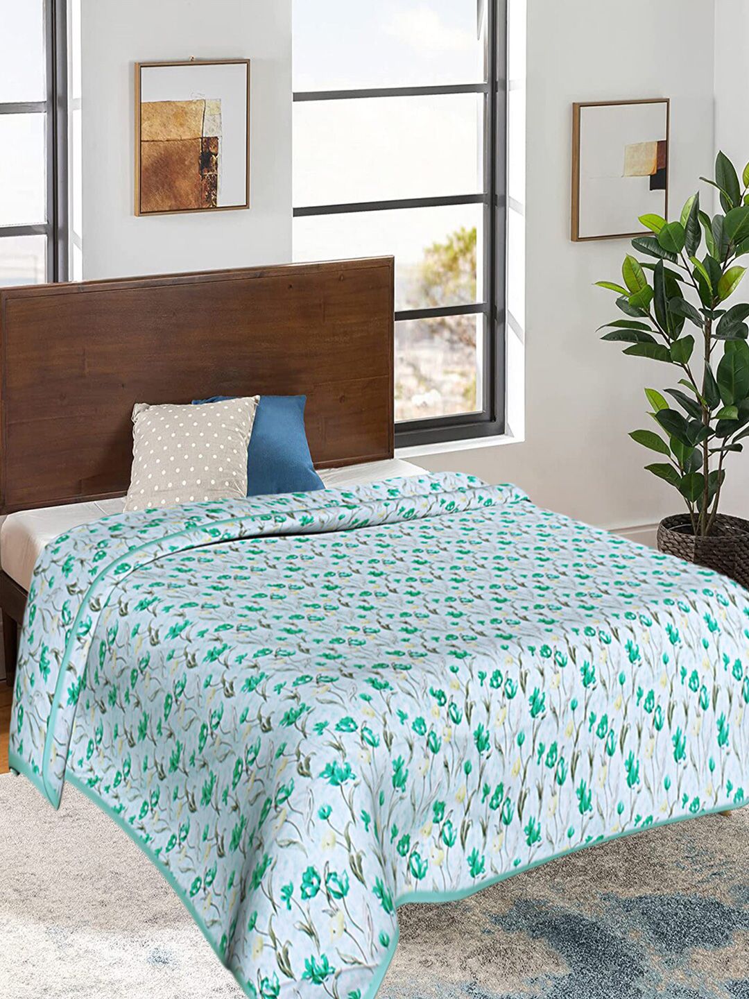 Kuber Industries Green & Grey Floral Printed AC Room 300 GSM Reversible Double Bed Blanket Price in India