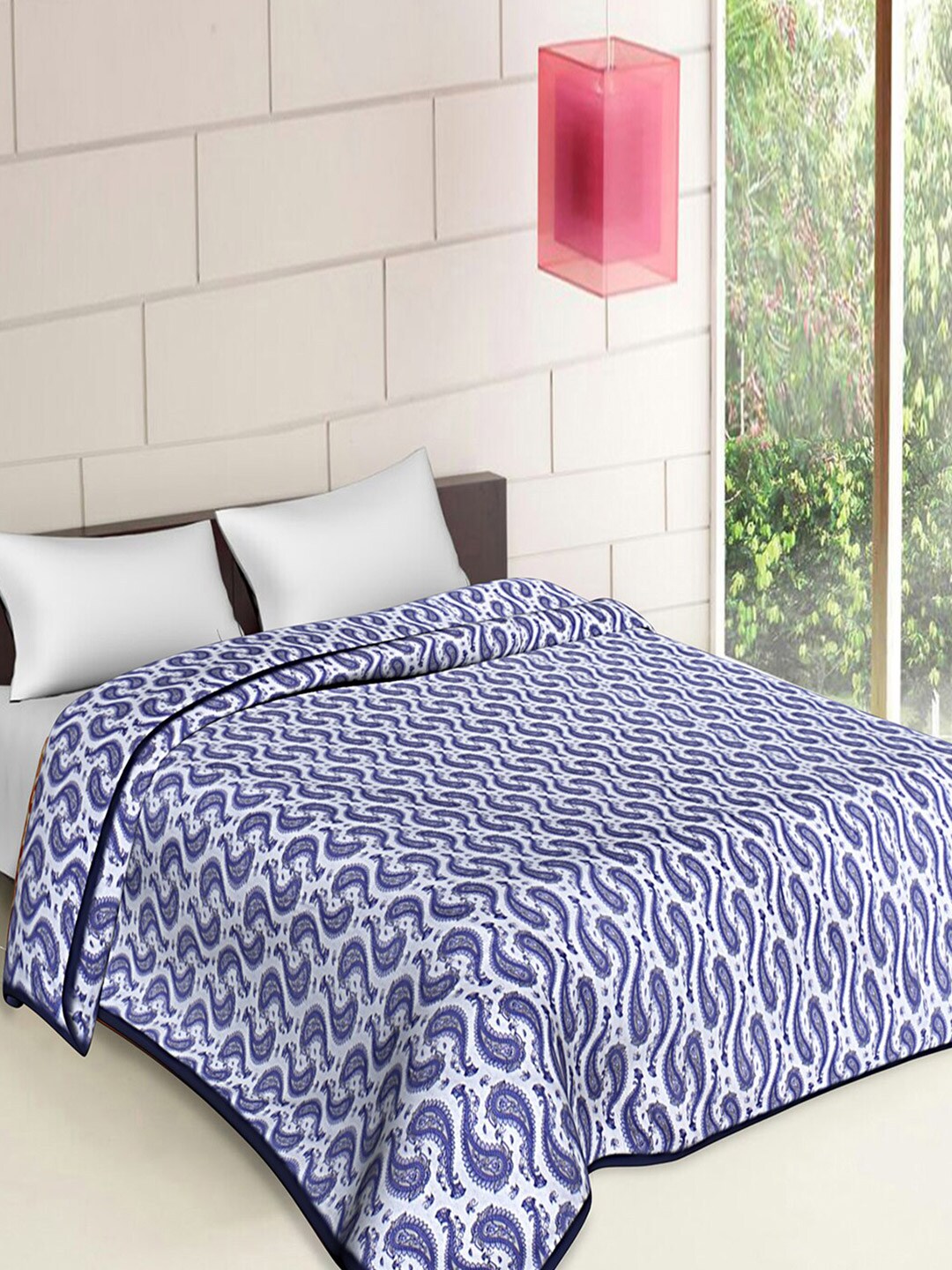 Kuber Industries Blue & White Ethnic Motifs AC Room 300 GSM Cotton Double Bed Blanket Price in India