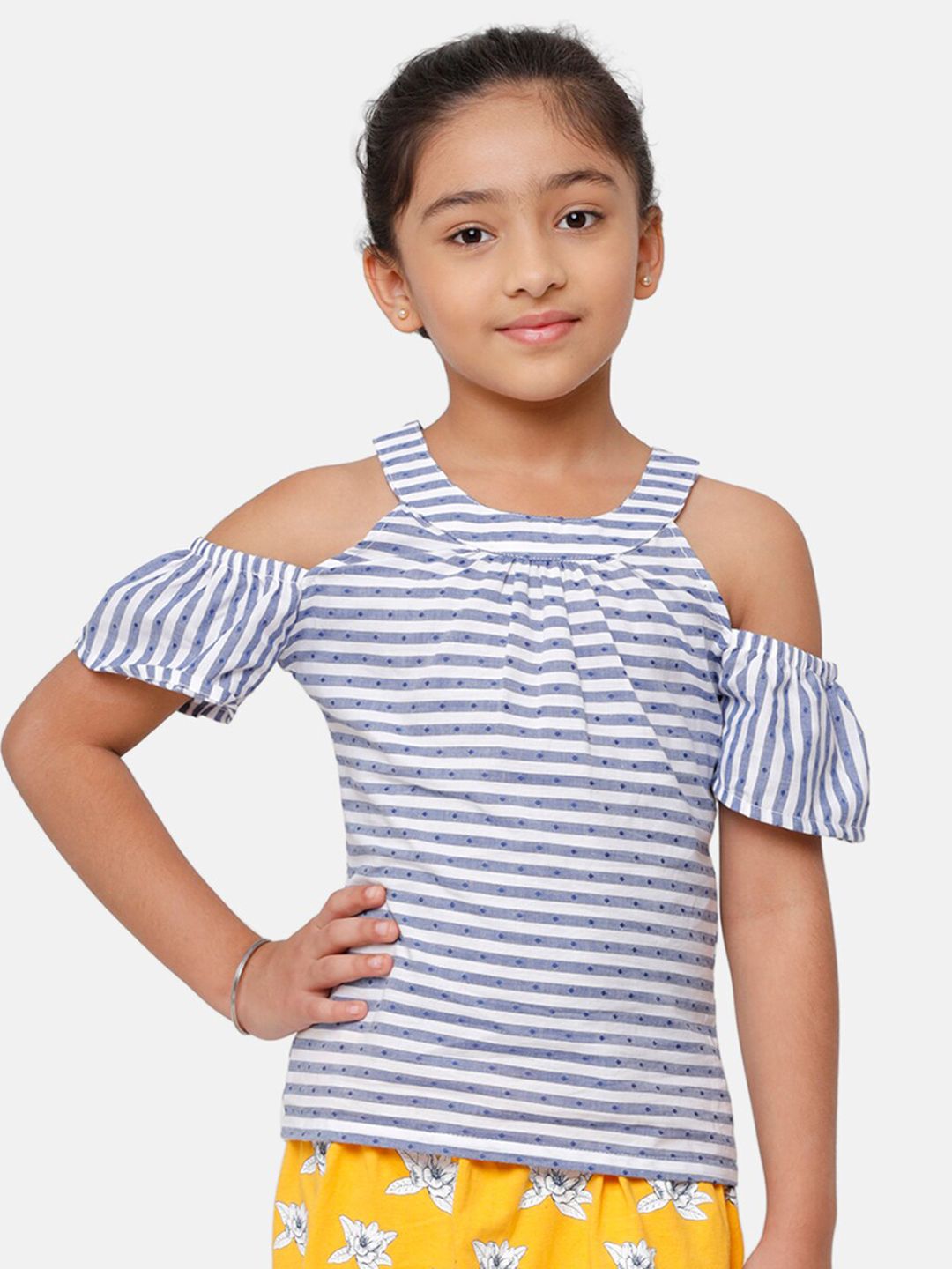 De Moza Blue & White Striped Cold-Shoulders Top Price in India