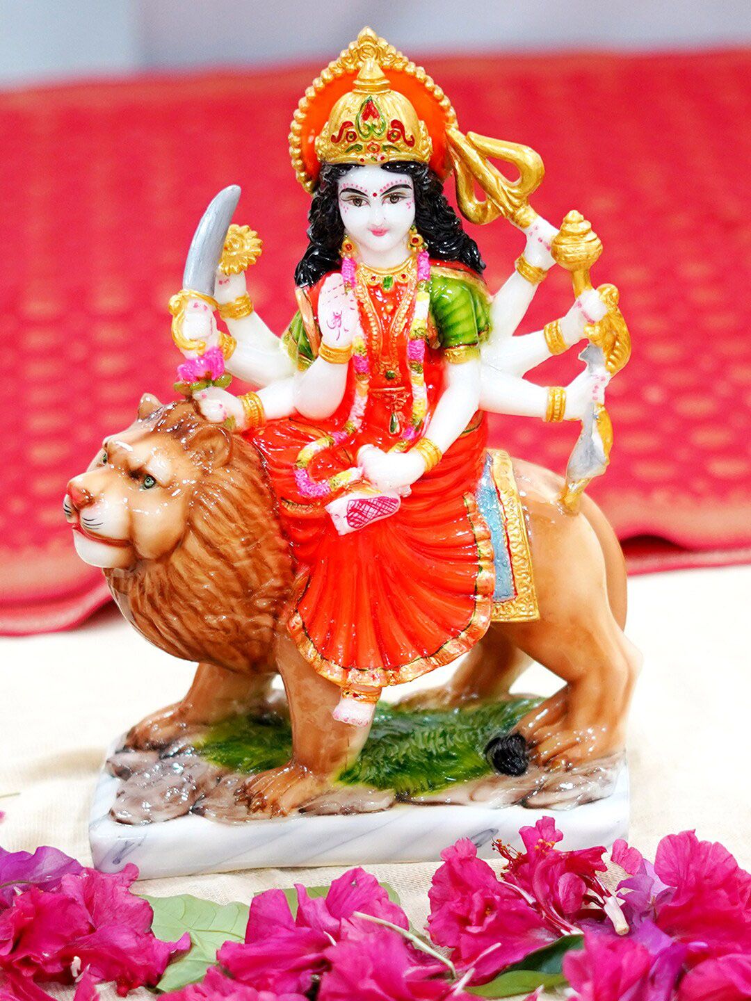 Gallery99 Red & Gold-Toned Printed Sherawali Mata Idol Marble Showpiece Price in India