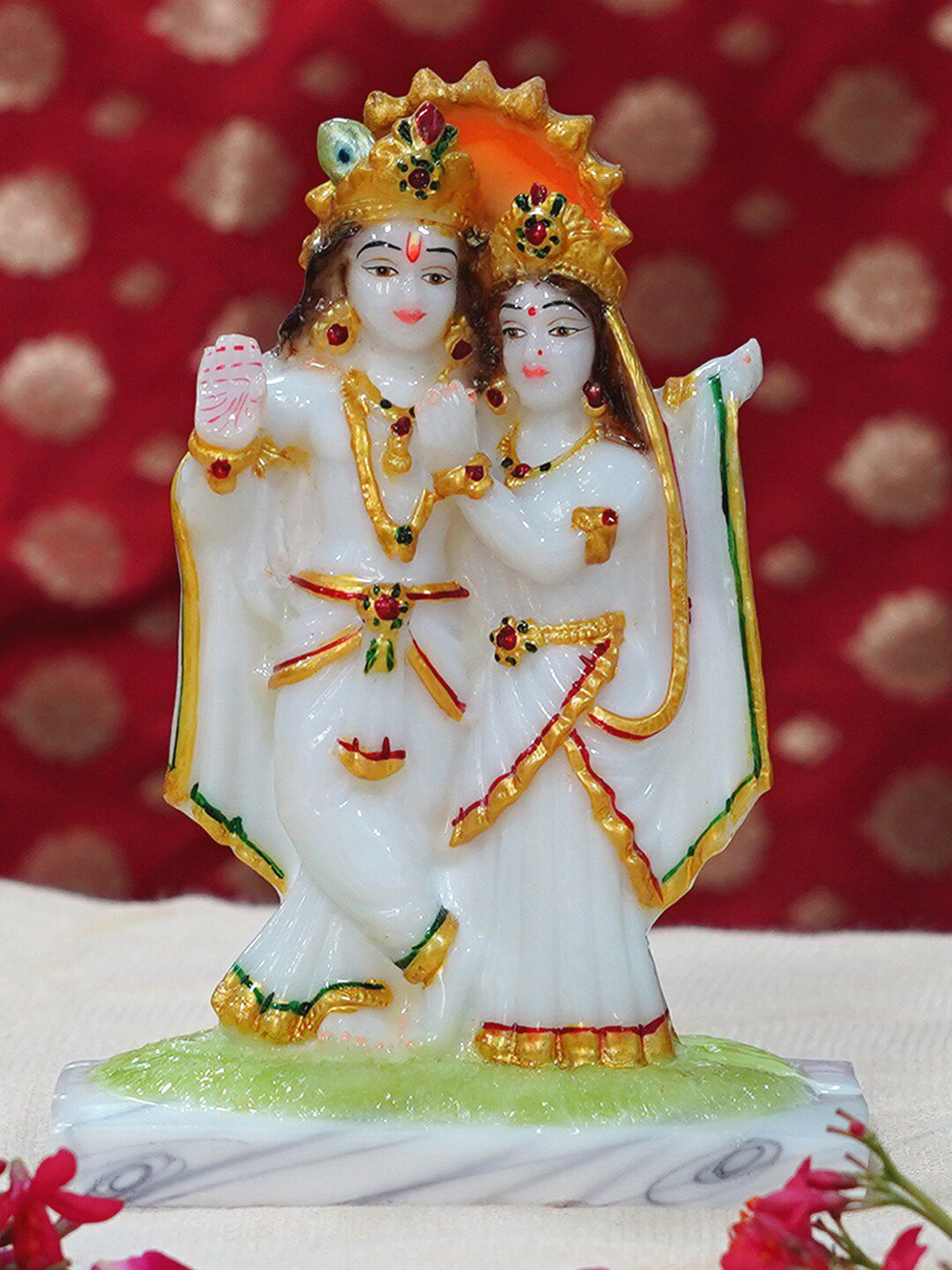 Gallery99 White & Gold-Toned Printed Radha Krishna With Flute Idol Marble Showpiece Price in India