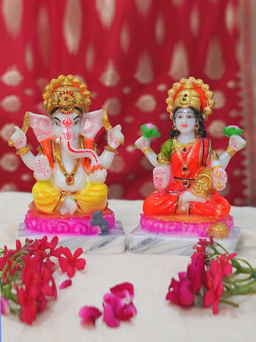 Gallery99 Set Of 2 Orange, & Pink Laxmi, & Ganesh Idol For Pooja Room Decoration Price in India