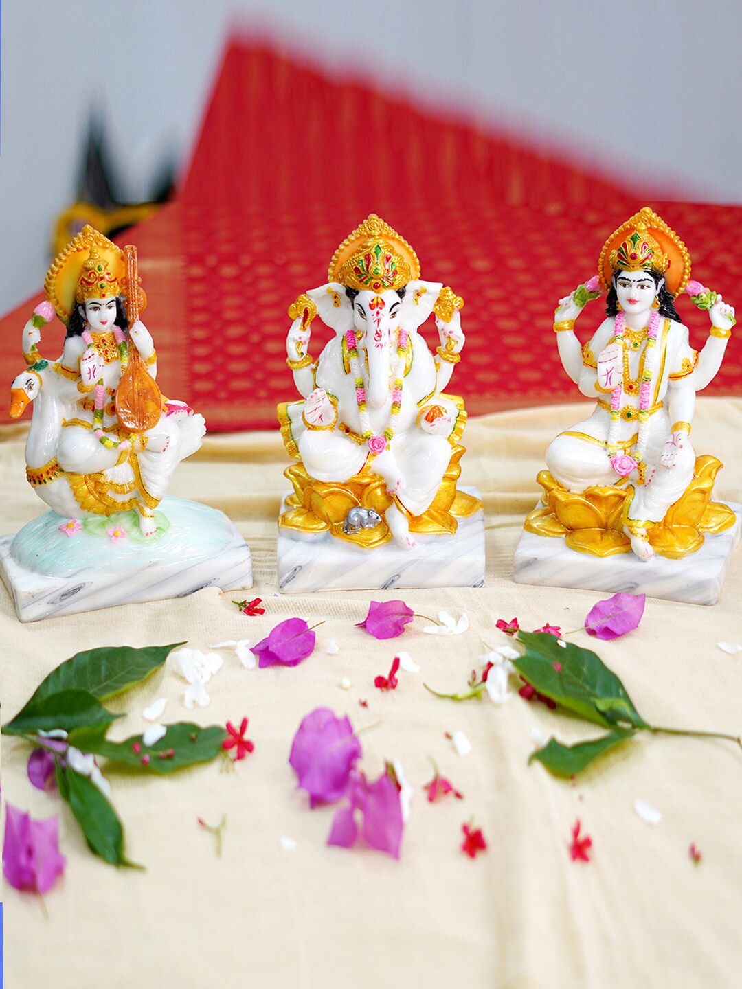 Gallery99 Set Of 3 White & Gold-Toned Laxmi Ganesh And Saraswati Idol Marble Showpiece Price in India
