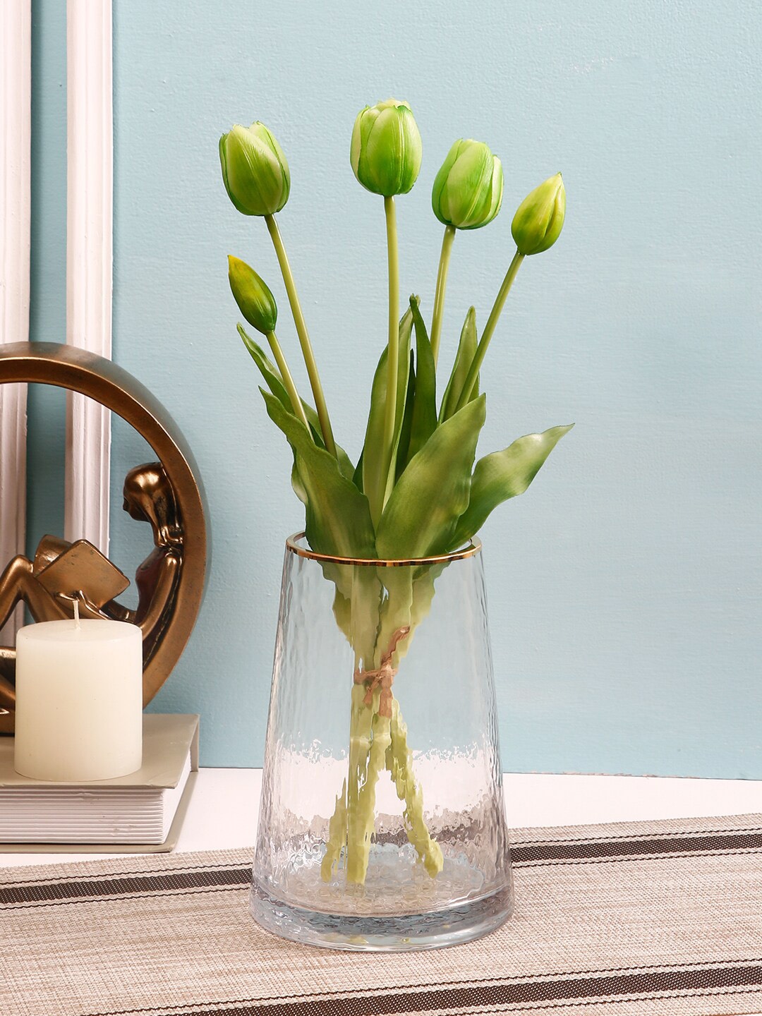 TAYHAA Set of 5 Green Artificial Tulip Flower Bunch Without Pot Price in India