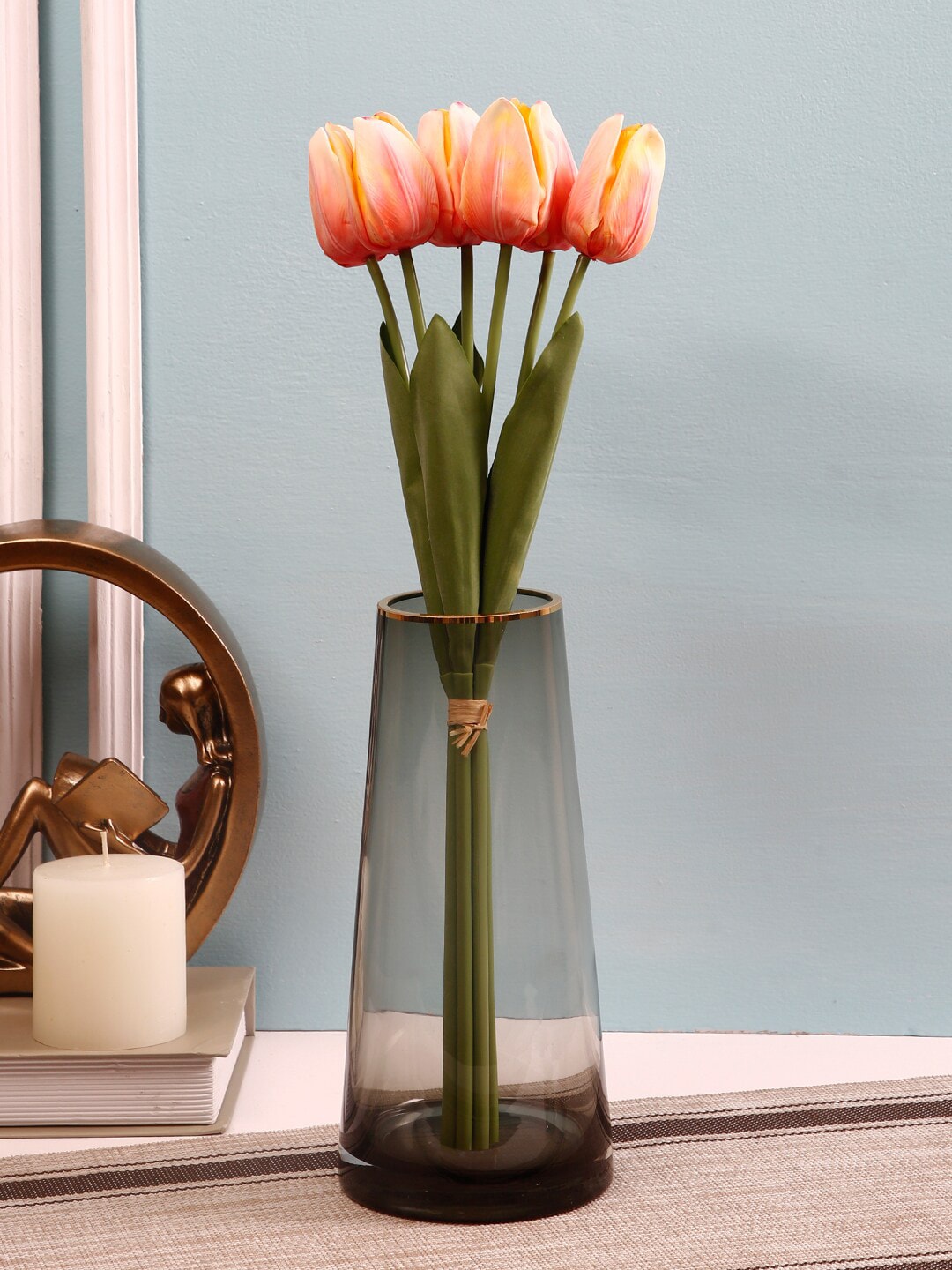 TAYHAA Set Of 6 Orange & Green Textured Artificial Tulip Flowers Price in India