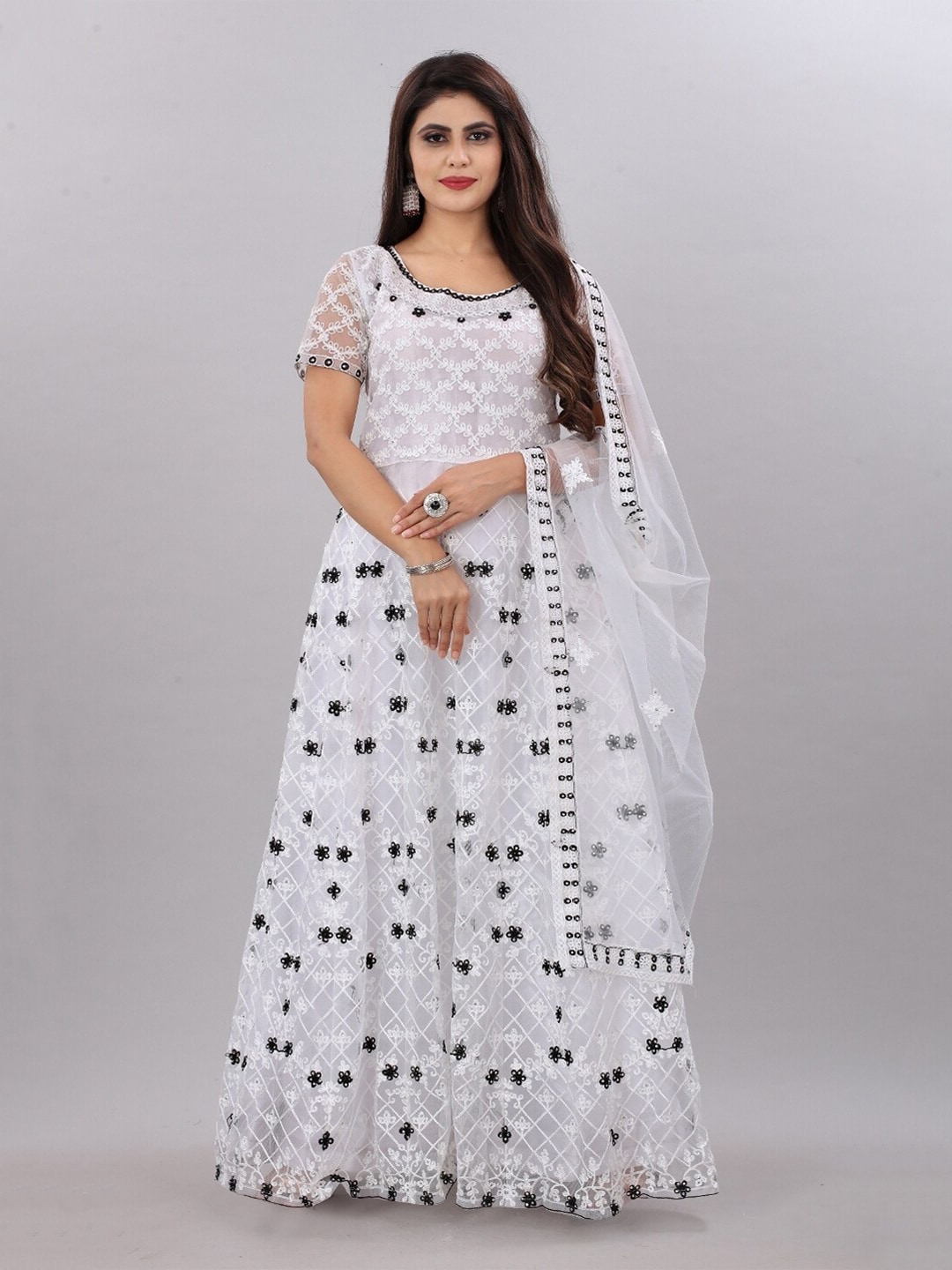 APNISHA White Floral Embroidered Net Semi-Stitched Maxi Dress Price in India
