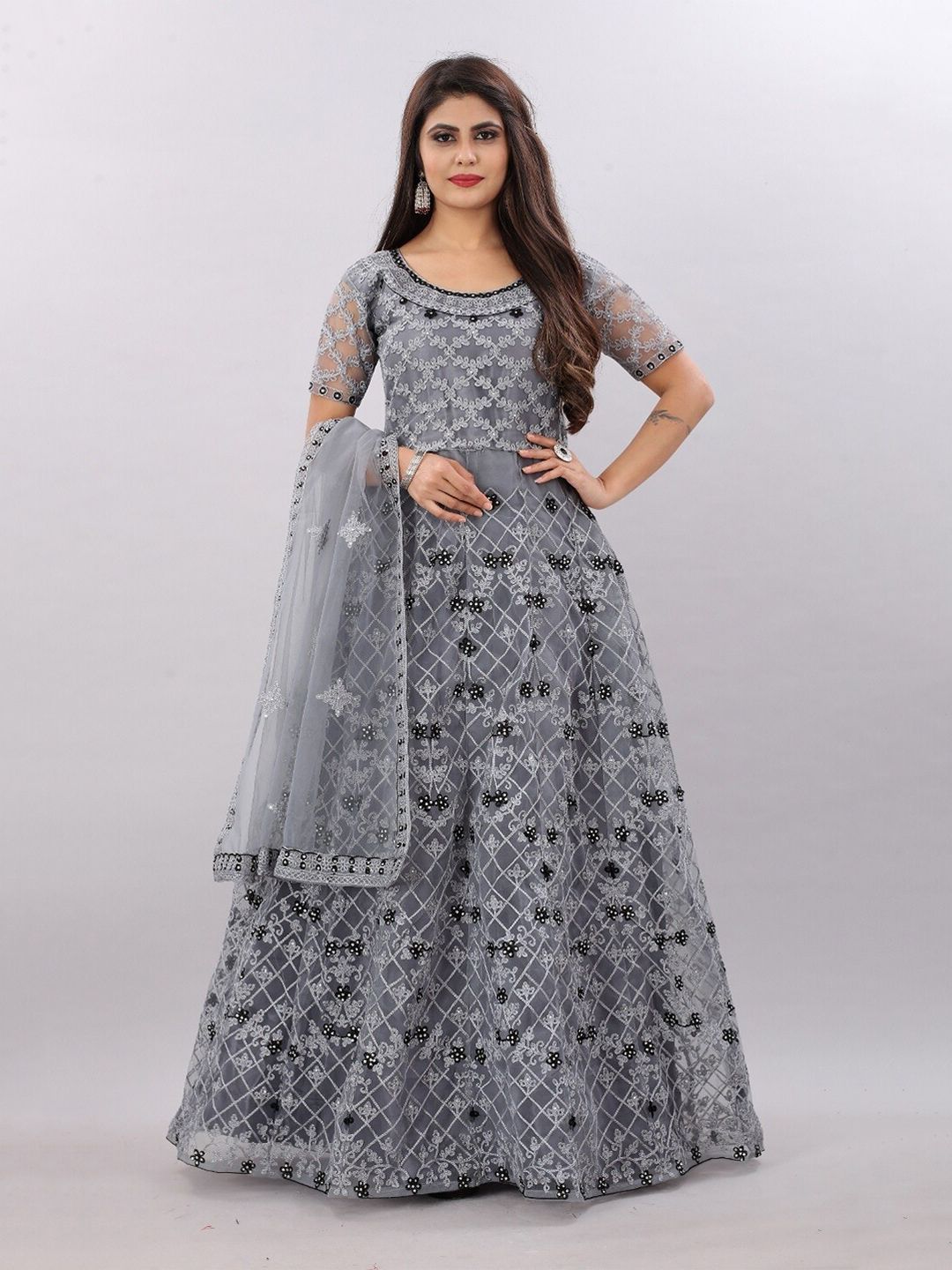APNISHA Women Grey Floral Net Ethnic Maxi Maxi Gown Price in India