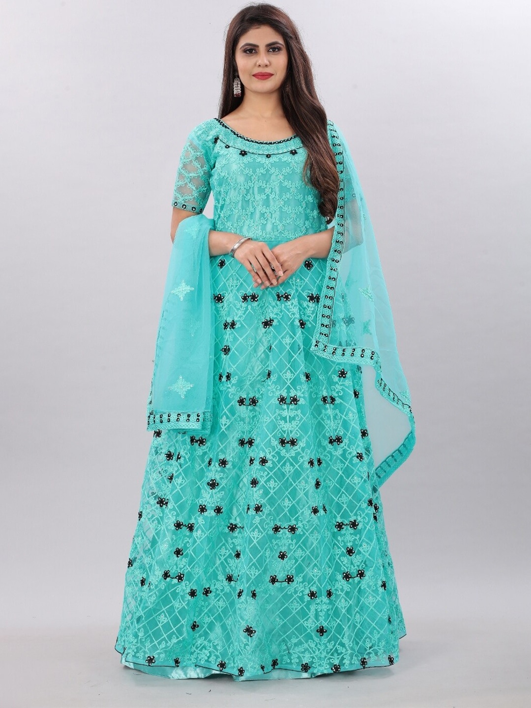 APNISHA Teal & Black Floral Net Ethnic Maxi Dress Price in India