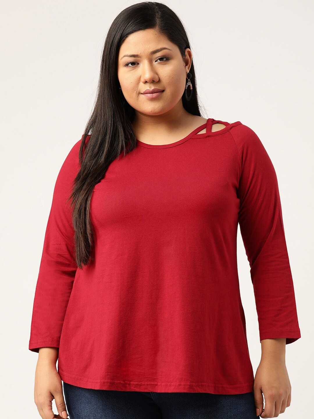 theRebelinme Plus Size Women Maroon Solid Cotton Top Price in India