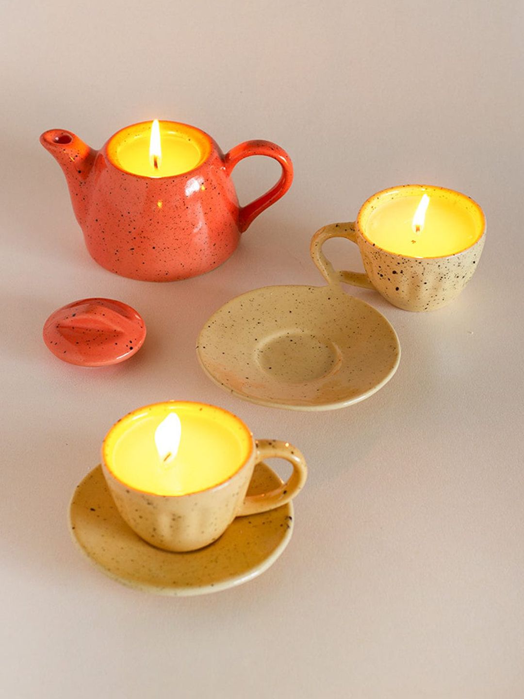 The Wishing Chair Set Of 3 Pink & Beige Ceramic Kettle & Tea Cups Diyas Price in India