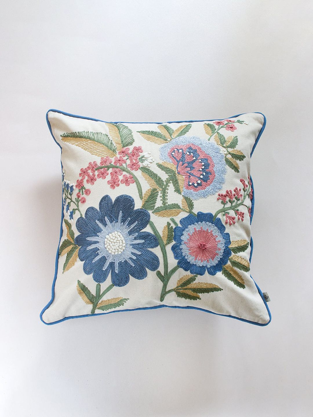 The Wishing Chair White & Blue Floral Embroidered Square Cotton Cushion Cover Price in India