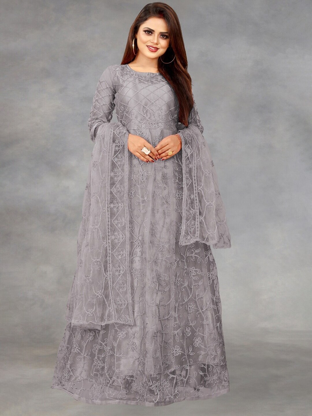 APNISHA Women Grey Floral Net Ethnic Maxi Maxi Dress Price in India