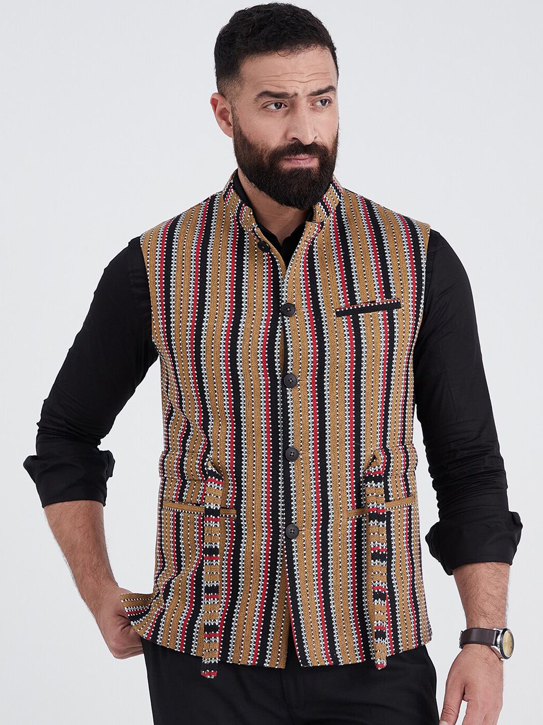 MR BUTTON Men Brown Woven Design Pure Cotton Nehru Jackets