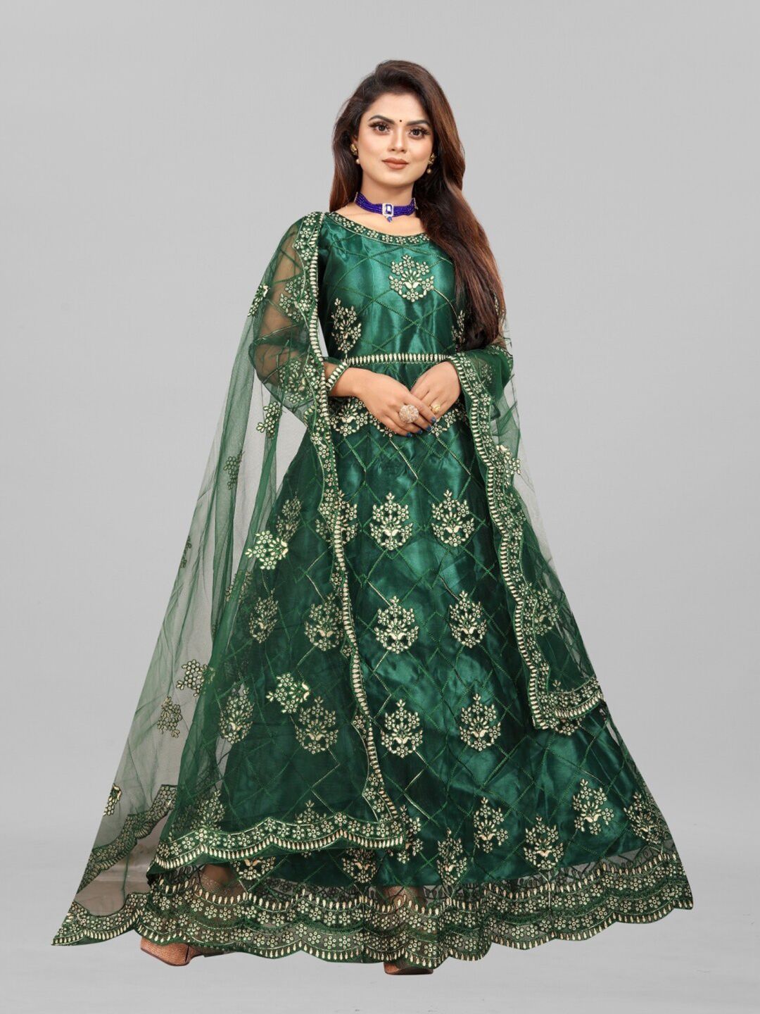 APNISHA Women Green Ethnic Motifs Net Ethnic Maxi Maxi Dress Price in India