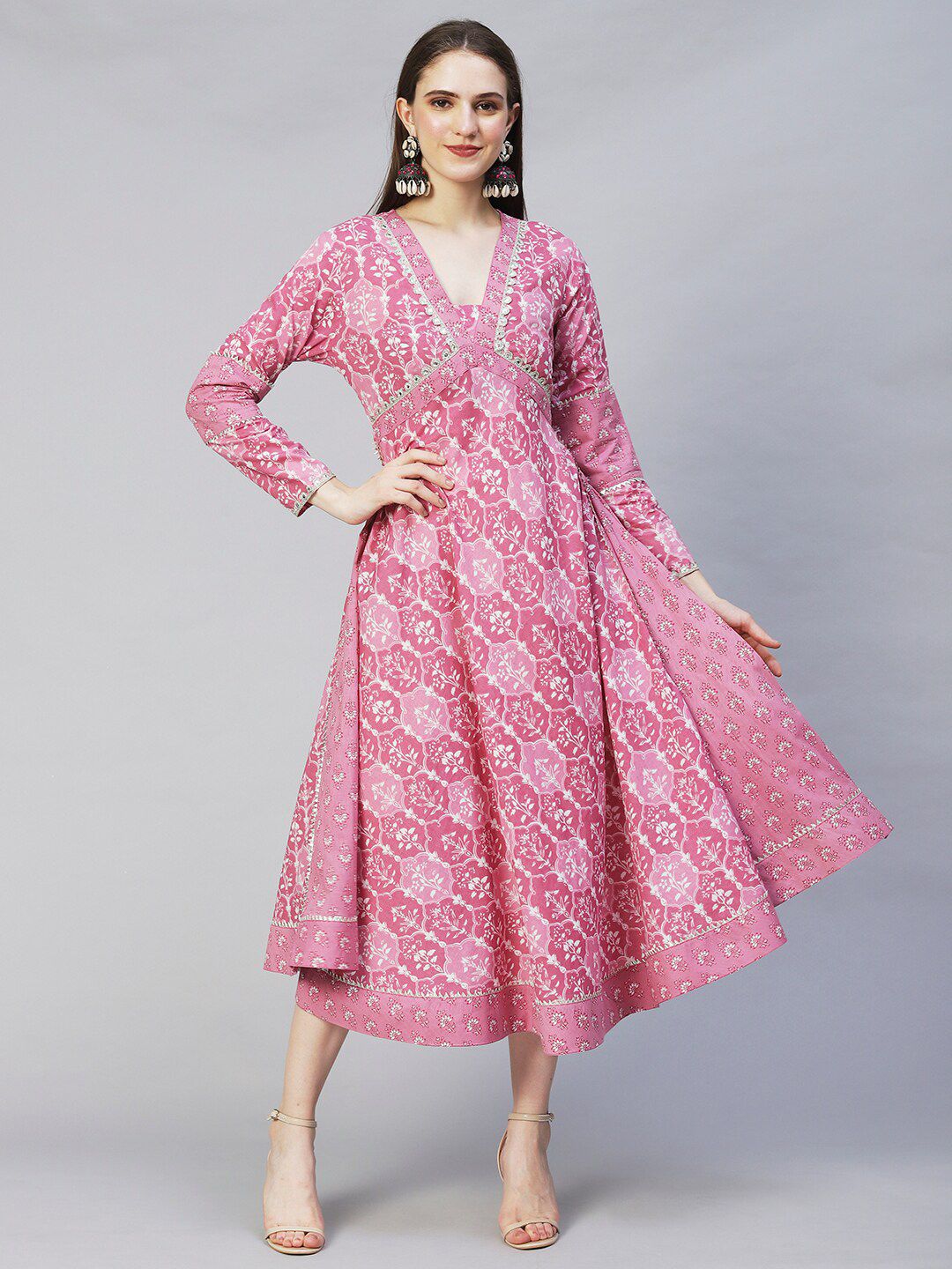 FASHOR Mauve Ethnic Motifs Printed Maxi Dress Price in India