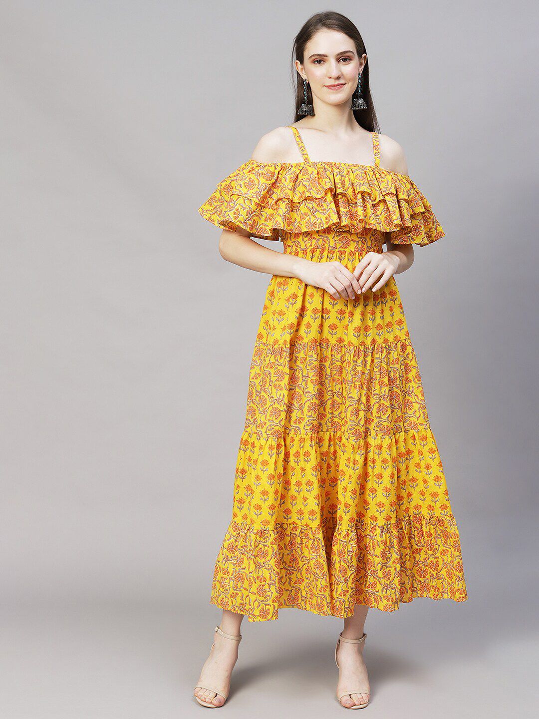 FASHOR Yellow Ethnic Motifs Printed Shoulder Strap Tiered Maxi Dress Price in India