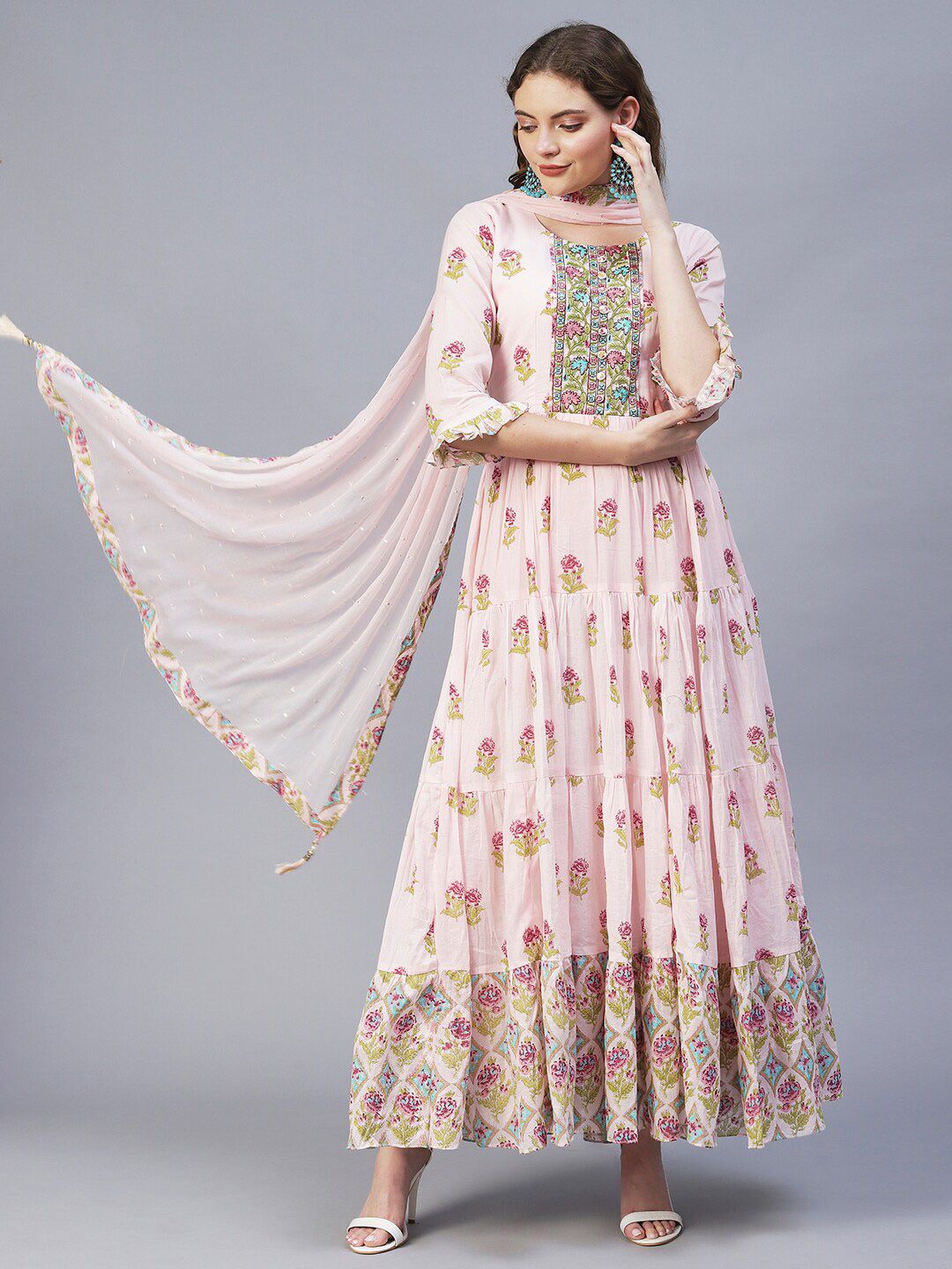 FASHOR Pink & Beige Cotton Floral Ethnic Maxi Dress Price in India