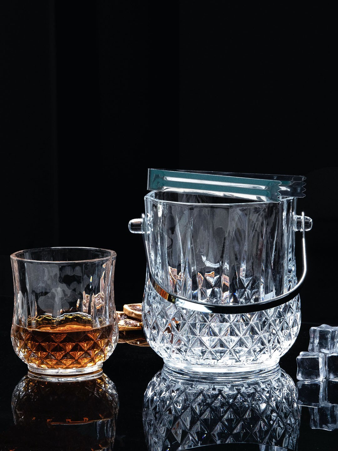 Roxx Set Of 6 Transparent Textured Glass Ice Bucket With Handle, Tumblers & Tong Price in India