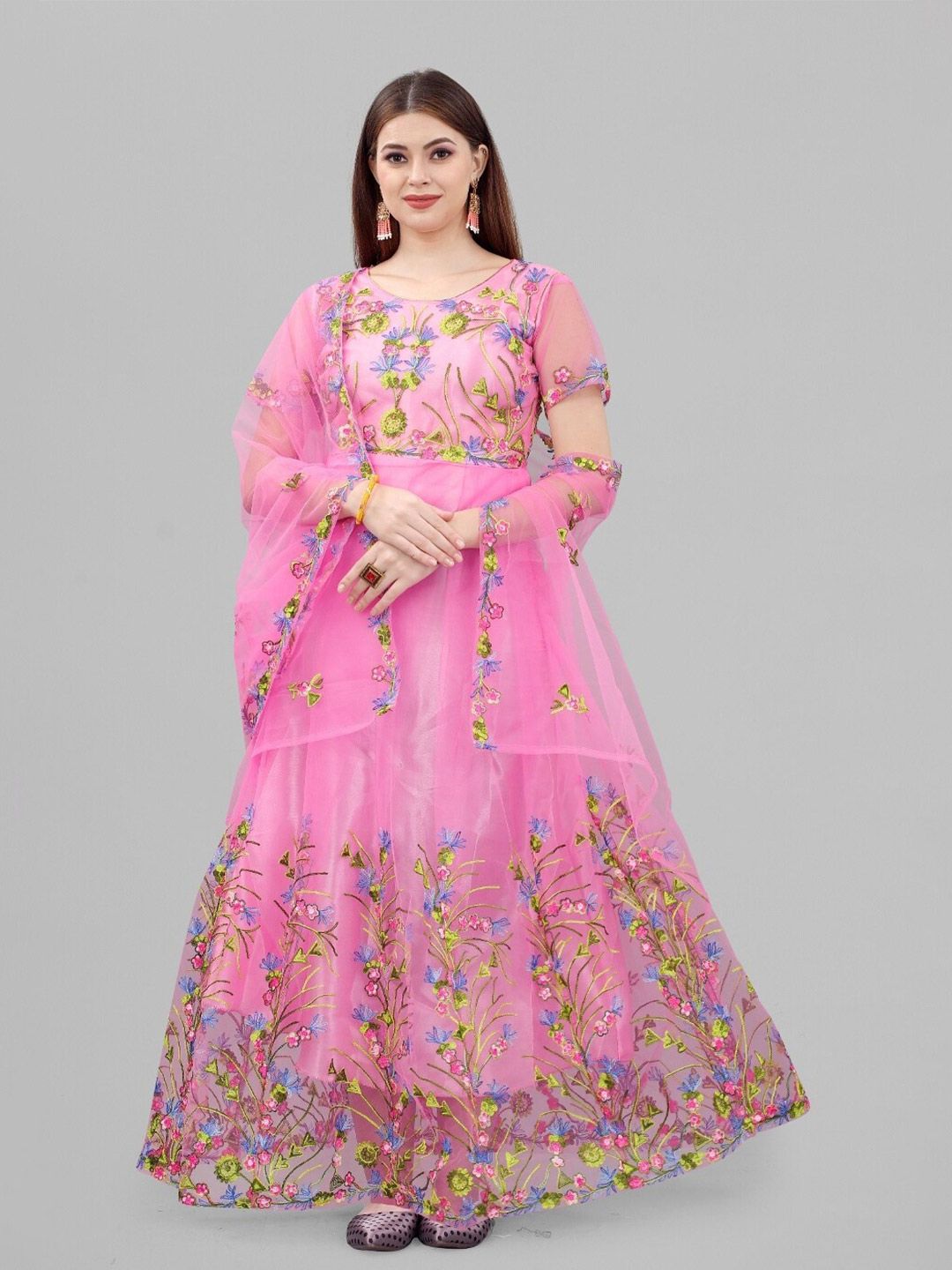 APNISHA Pink & Purple Floral Embroidered Net Ethnic Maxi Dress Price in India