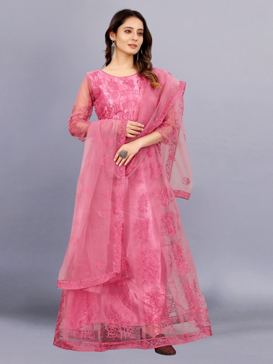 APNISHA Peach-Coloured Floral Embroidered Net Ethnic Maxi Semi-Stitched Gown With Dupatta Price in India