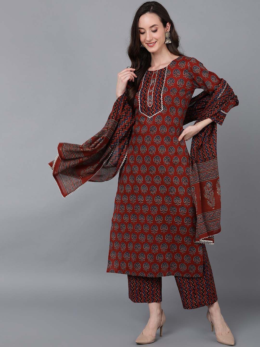 AHIKA Women Maroon Ethnic Motifs Printed Pure Cotton Kurta with Trouser & Dupatta Price in India