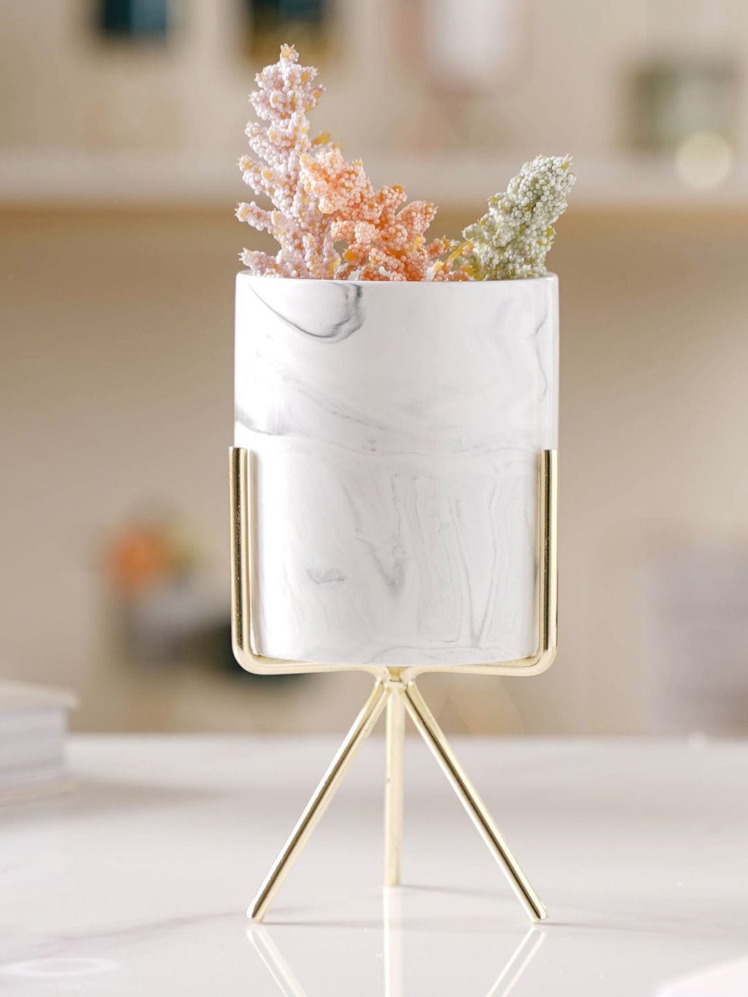 Nestasia Grey & Gold-Toned Marble Printed Ceramic Planter With Metal Stand Price in India