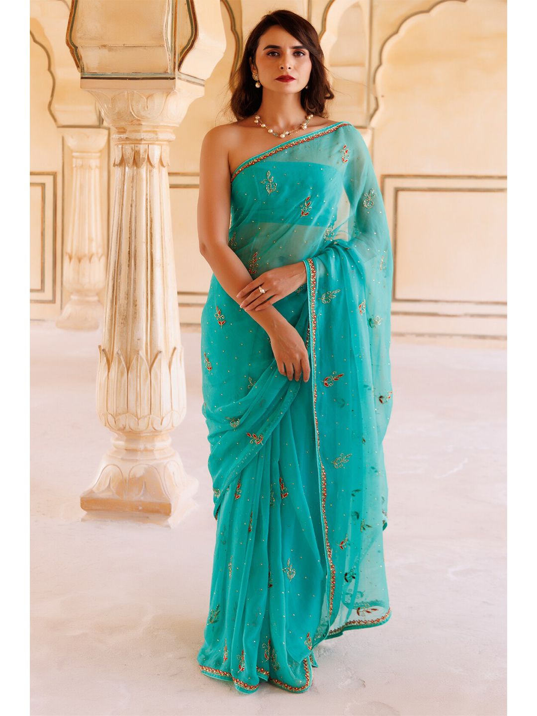 Geroo Jaipur Turquoise Blue & Gold-Toned Floral Aari Work Pure Chiffon Saree Price in India