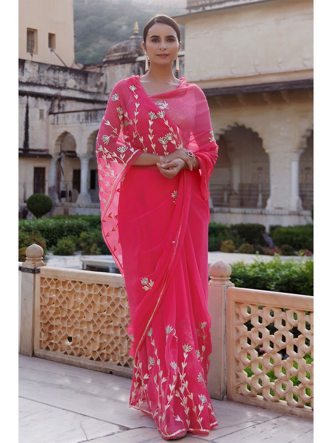 Geroo Jaipur Pink & Gold-Toned Floral Aari Work Pure Chiffon Saree Price in India