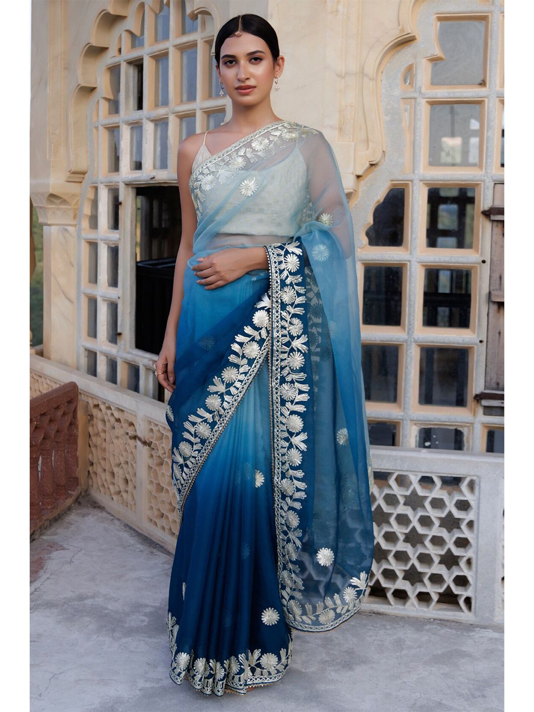 Geroo Jaipur Blue & White Floral Gotta Patti Organza Saree Price in India