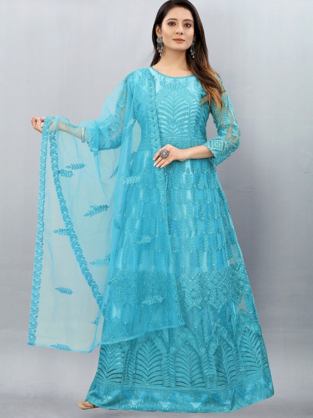 APNISHA Turquoise Blue Embellished Net Ethnic Maxi Maxi Dress Price in India