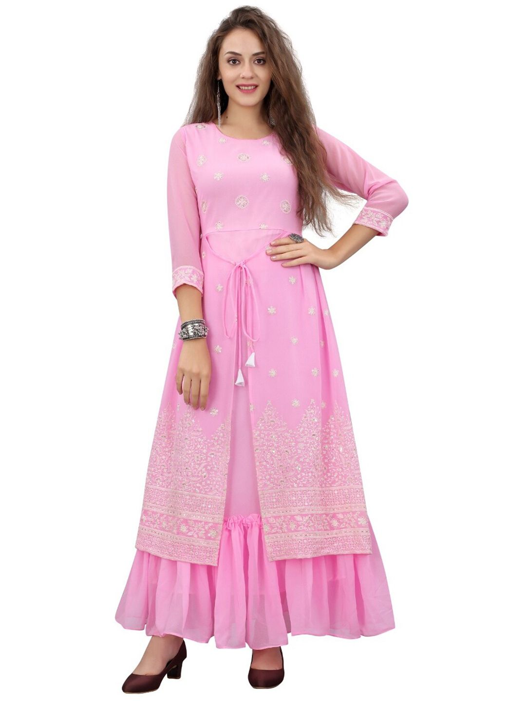 APNISHA Women Pink Georgette Ethnic Maxi Dress Price in India