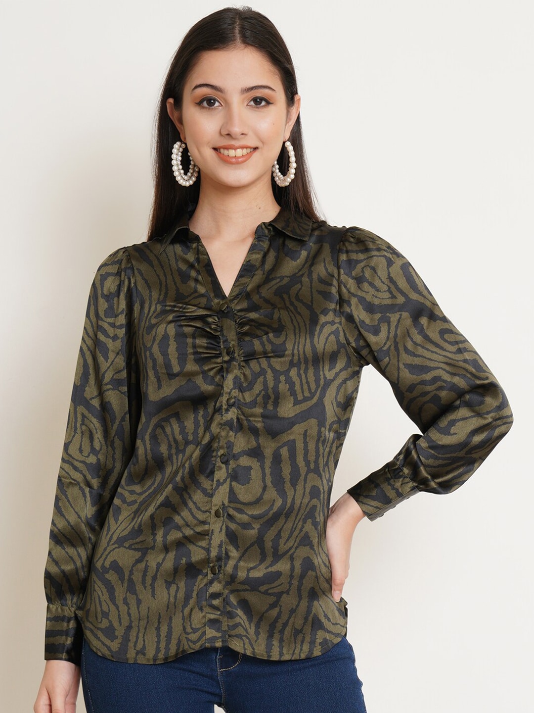 IX IMPRESSION Women Black & Olive Green Animal Print Long Sleeves Satin Shirt Style Top Price in India