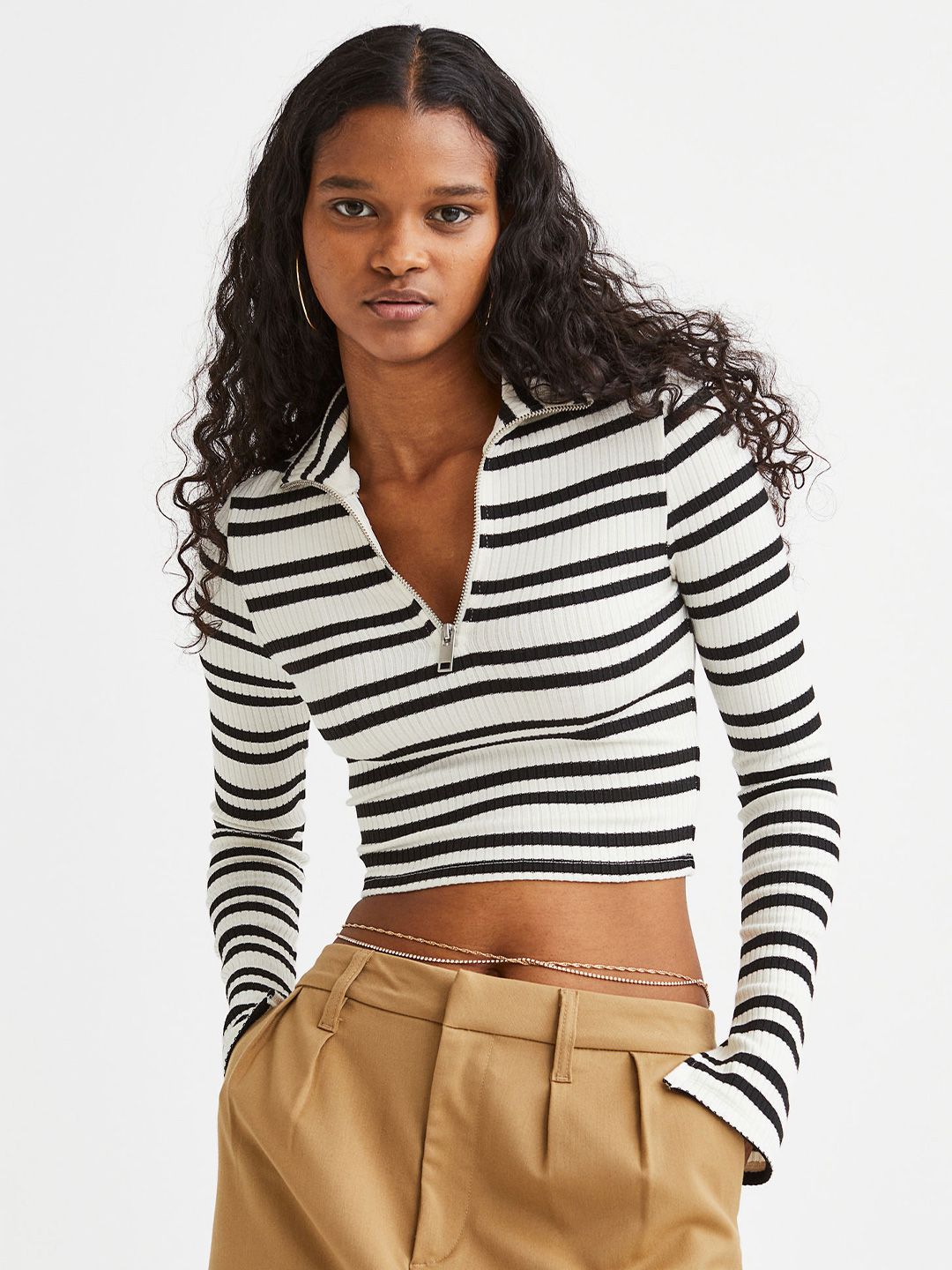 Buy H&M Women Black Zip-Top Rib-Knit Top - Tops for Women 20339480