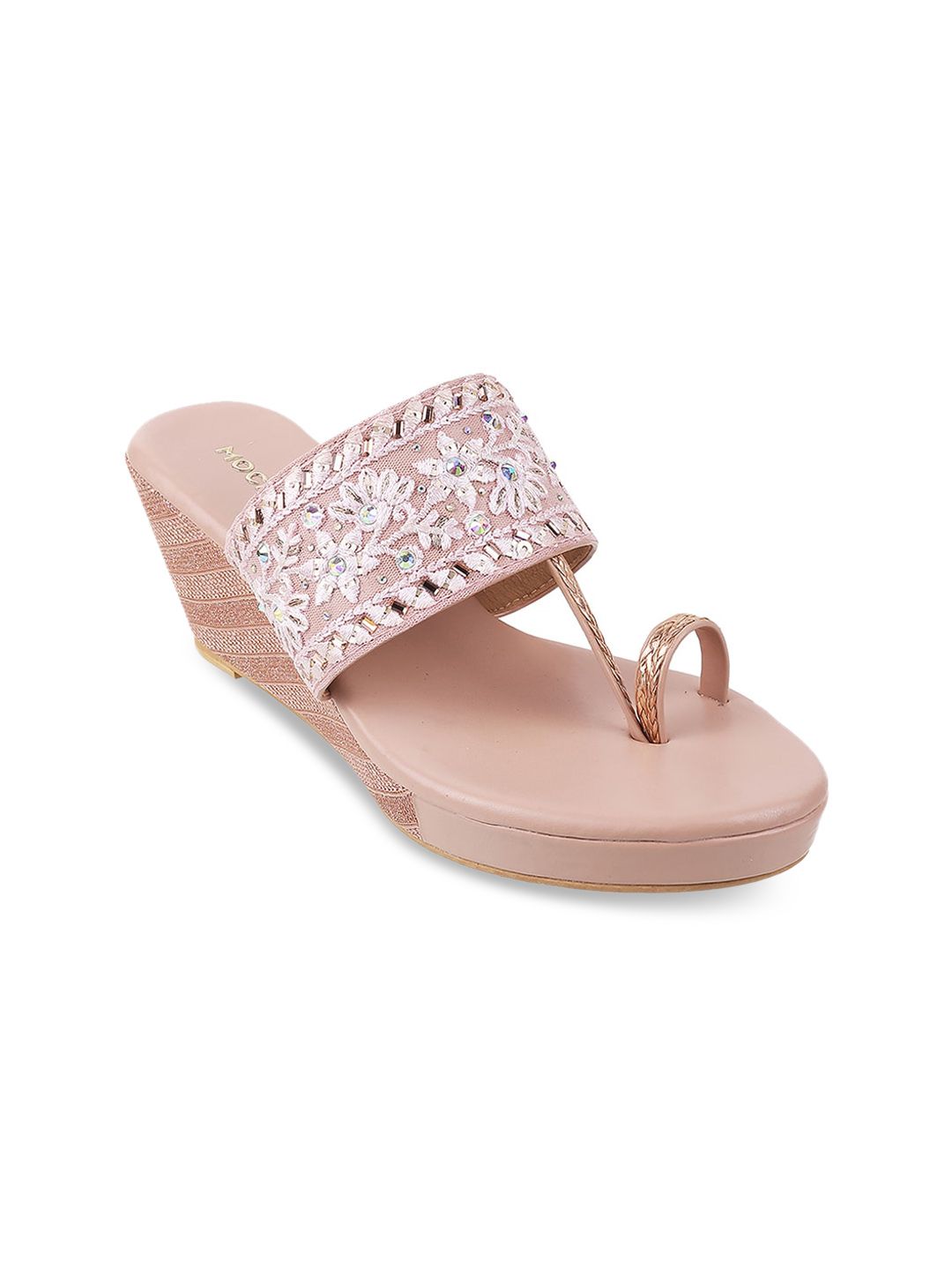 Mochi Peach-Coloured & White Embellished Wedge Heels