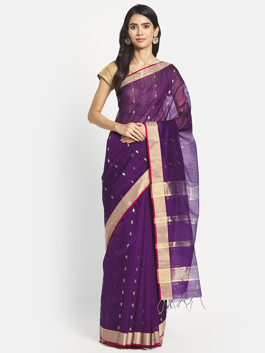 Fabindia Purple & Gold-Toned Zari Silk Cotton Ready to Wear Chanderi Saree Price in India